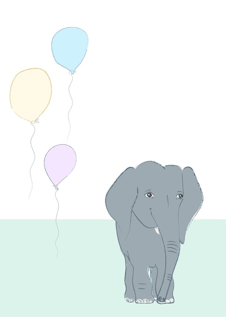 Cartão de convite para festa de aniversário feliz com elefante fofo e balões desenhados à mão vetor