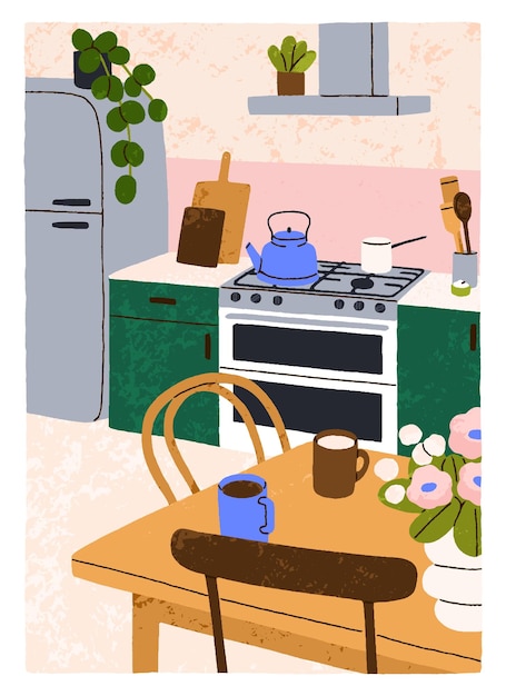 Cartão de cozinha aconchegante interior de casa aconchugante mobiliário confortável mesa de jantar com xícara de chá flores em vasos plantas de chaleira utensílios de casa escandinava desenho de apartamento ilustração vetorial plana