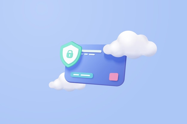 Cartão de crédito 3D financeiro seguro para compras cartão de crédito de pagamento on-line com proteção de pagamento no conceito de fundo de céu azul nuvem Vetor 3d render segurança de cartão de crédito com fundo isolado
