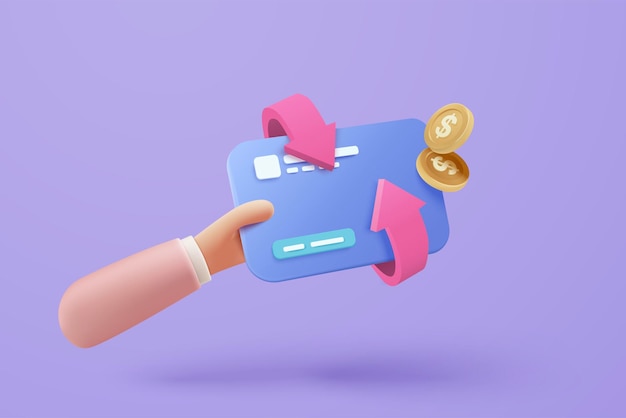 Cartão de crédito de reembolso 3D e banco de negócios de reembolso de dinheiro com pagamento de dinheiro on-line de carteira e economia de dinheiro para compras on-line ilustração de renderização de vetor de ícone de cartão de crédito financeiro 3d