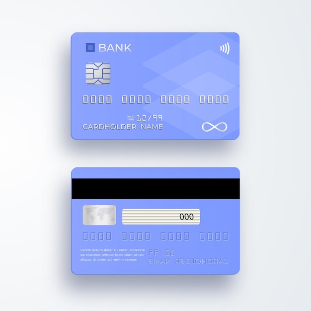 Cartão de crédito plástico realista. Cartão bancário com chip
