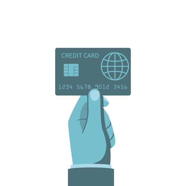 Cartão de crédito segurando a mão ilustração vetorial estilo de design plano ícone isolado no fundo sinal pagando dinheiro em plástico pagamento de compra por cartão de crédito transação financeira
