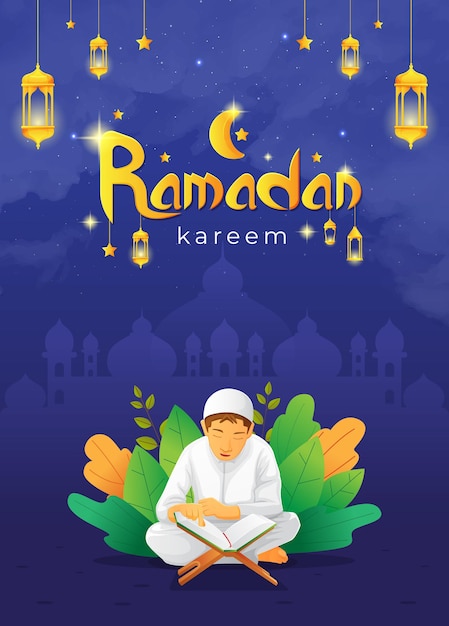 Cartão de cumprimentos ramadhan kareem com criança lendo alcorão
