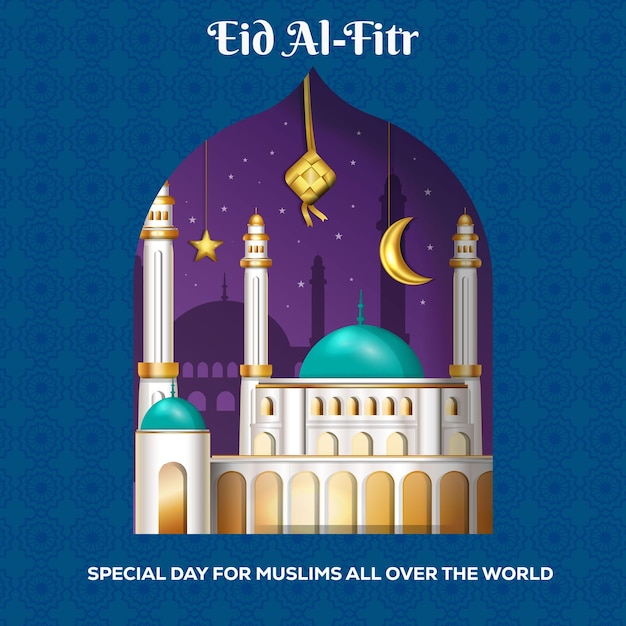 Cartão de cumprimentos realista eid al fitr com uma mesquita no quadro à noite