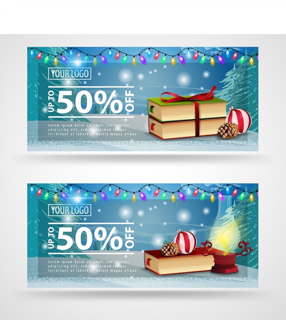 Cartão de desconto de natal com paisagem de inverno bonito, livros de natal e lâmpada antiga