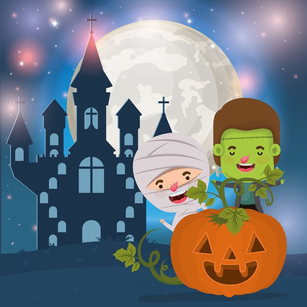 Cartão de dia das bruxas com crianças fantasiadas na cena escura da noite