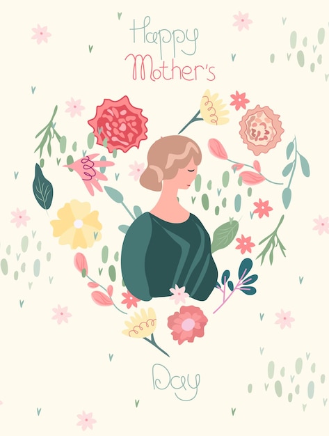 Cartão de dia das mães linda senhora com flores cravos margarida e folhas verdes Vector