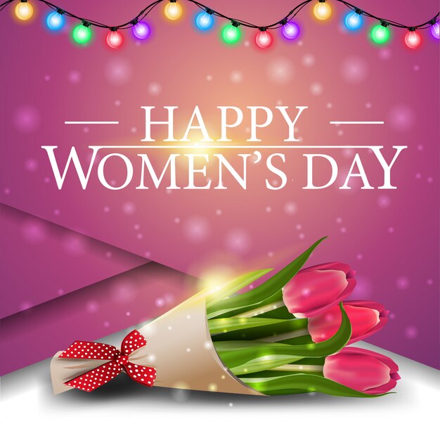 Cartão de dia das mulheres rosa com buquê de tulipas