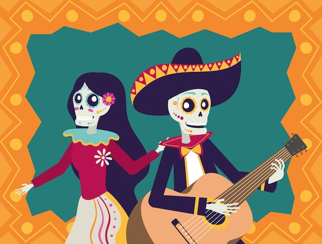 Cartão de dia de los muertos com mariachi tocando violão e catrina