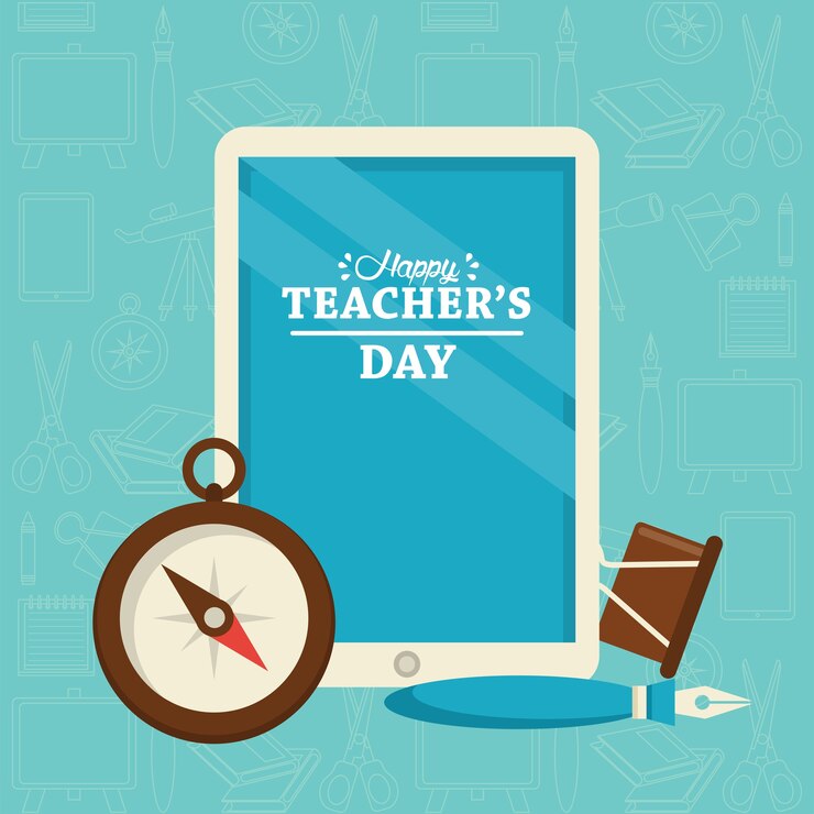 Vetor cartão de dia de professores feliz com e-learning tablet e cronômetro.