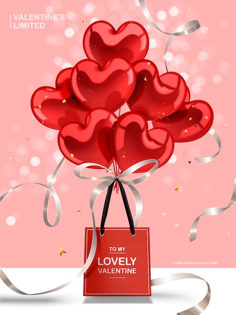 Cartão de dia dos namorados, balões de coração vermelho e fitas de prata com saco de papel vermelho