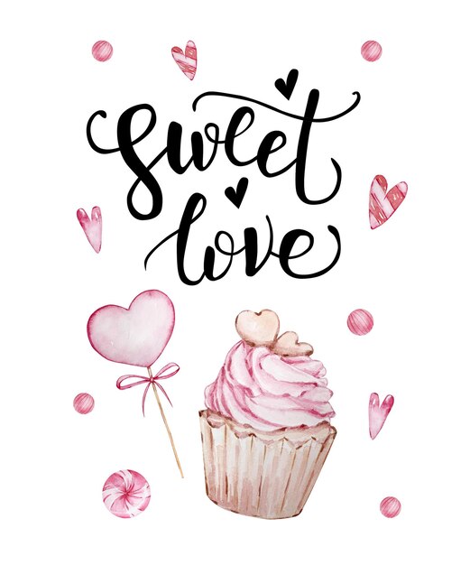 Vetor cartão de dia dos namorados com cartas manuscritas e ilustrações decorativas em aquarela. doce amor, cupcake e doces