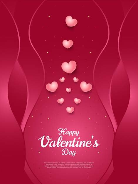 Vetor cartão de dia dos namorados com corações rosa em fundo de papel vermelho
