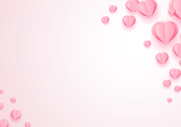 Cartão de dia dos namorados com elementos de papel rosa em forma de coração voando no fundo rosa
