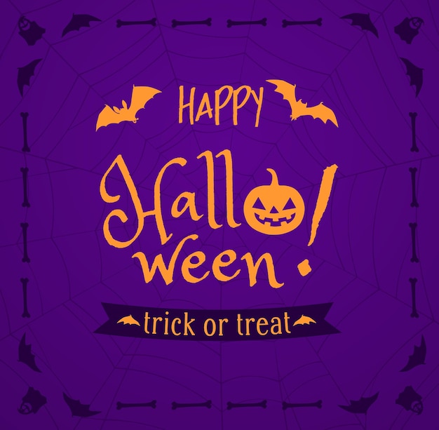 Vetor cartão de felicitações de doces ou travessuras de vetor de banner de halloween com lanterna de abóbora com letras de halloween feliz assusta ossos de morcegos e teia de aranha em fundo roxo banner assustador de celebração de festa natalícia