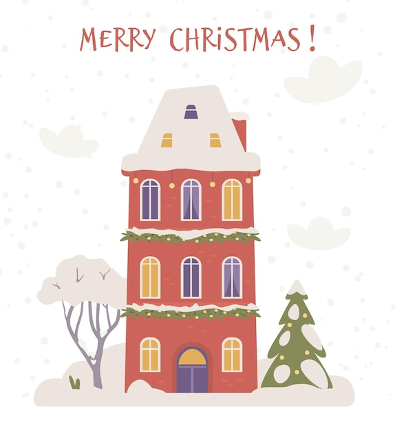 Cartão de felicitações de natal com uma casa bonita de neve