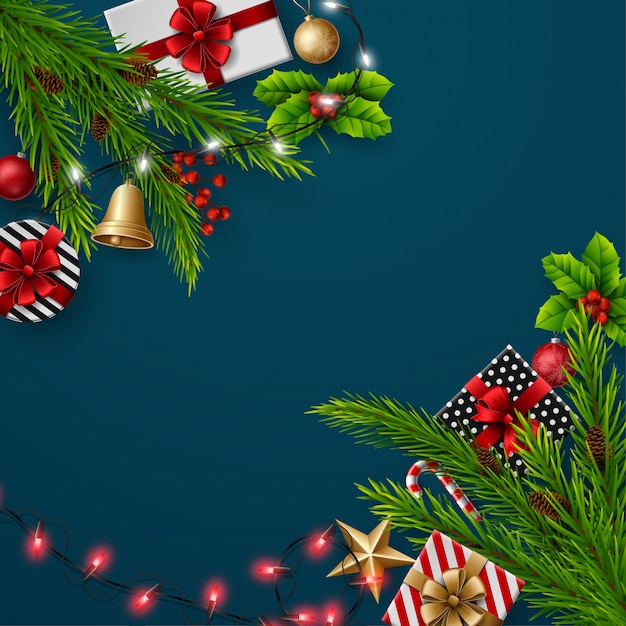 Cartão de felicitações de natal e feliz ano novo composição dos elementos com decorações de natal. | Vetor Premium Cartão de felicitações de natal e feliz ano novo composição dos elementos com decorações de natal. | Vetor Premium