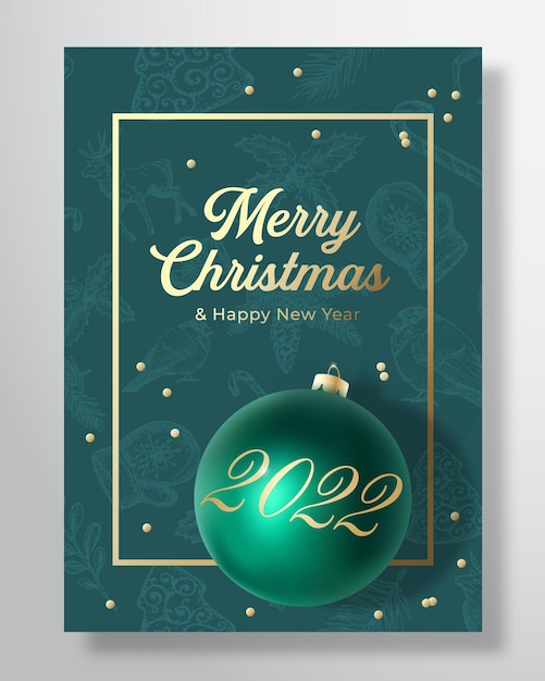 Cartão de felicitações de vetor de natal e ano novo, cartaz ou plano de fundo padrão. cores verde e dourado, brilho e tipografia. bola de brinquedo de natal com sombras suaves. banner de decoração de mídia social de férias.