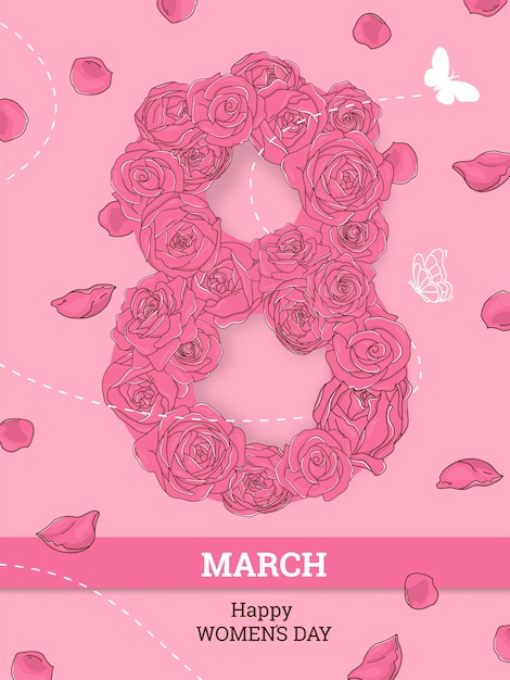 Cartão de felicitações para o dia internacional da mulher com o número 8 e flores rosas