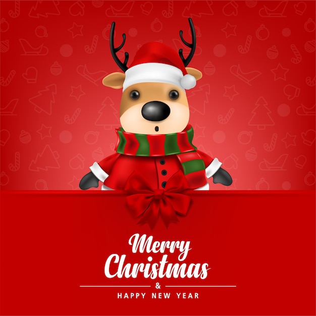 Vetor cartão de felicitações rena fofa em fundo vermelho para ilustração vetorial de cartão de feliz natal e feliz ano novo