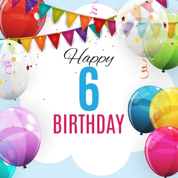 Cartão de feliz aniversário, 6 anos de idade. grupo de balões de hélio brilhante cor