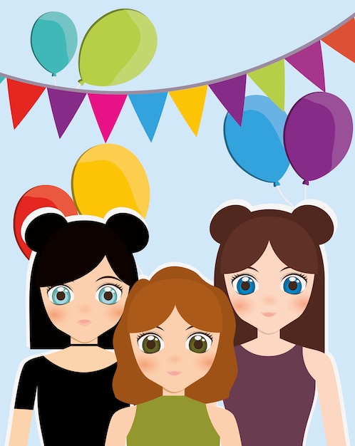 Vetor cartão de feliz aniversário com anime meninas e balões