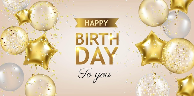 Cartão de feliz aniversário com balões com malha gradiente, ilustração vetorial