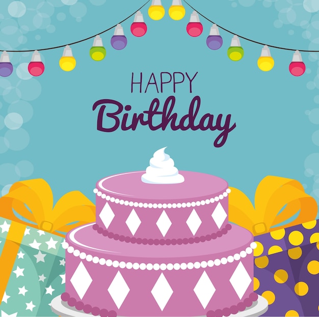 Cartão de feliz aniversário com bolo doce e presentes