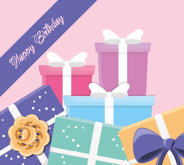 Cartão de feliz aniversario com caixas de presente sobre fundo rosa
