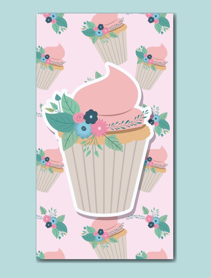 Vetor cartão de feliz aniversario com decoração floral e cupcake
