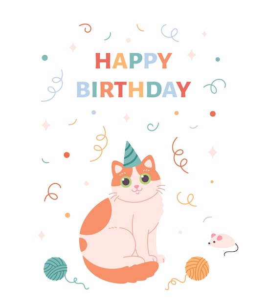 Cartão de feliz aniversário com gato fofo em chapéu de festa confete de celebração de festa