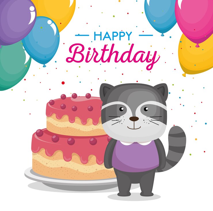Vetor cartão de feliz aniversário com guaxinim bonito