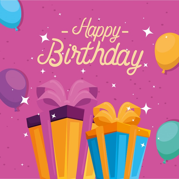 Cartão de feliz aniversário com presentes e decoração de festa