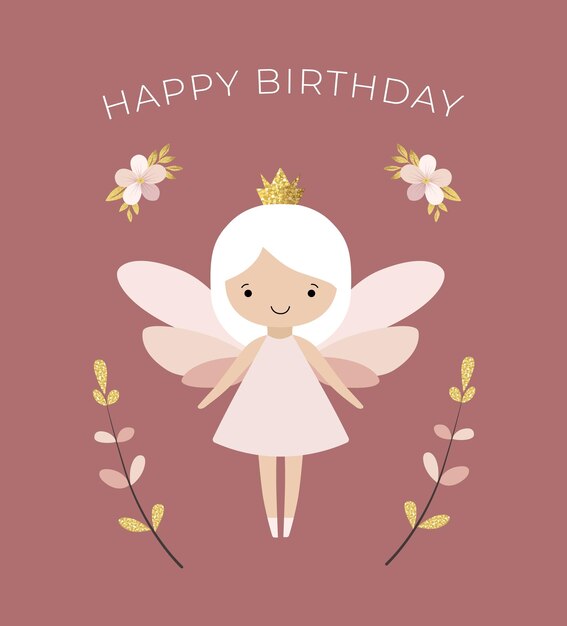 Cartão de feliz aniversário com uma fada bonita Template de cartão de felicitações de aniversário minimalista suave