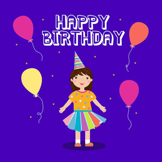 Vetor cartão de feliz aniversário com uma menina e balões