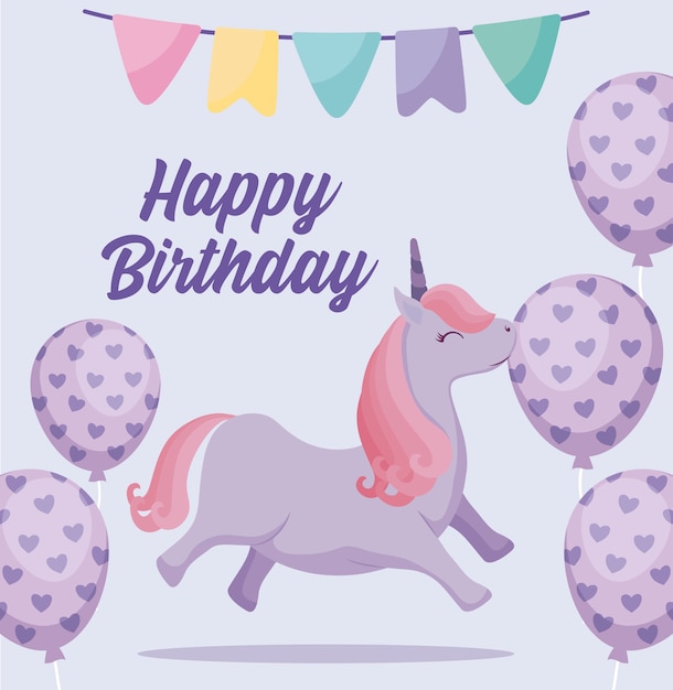 Cartão de feliz aniversário com unicórnio fofo