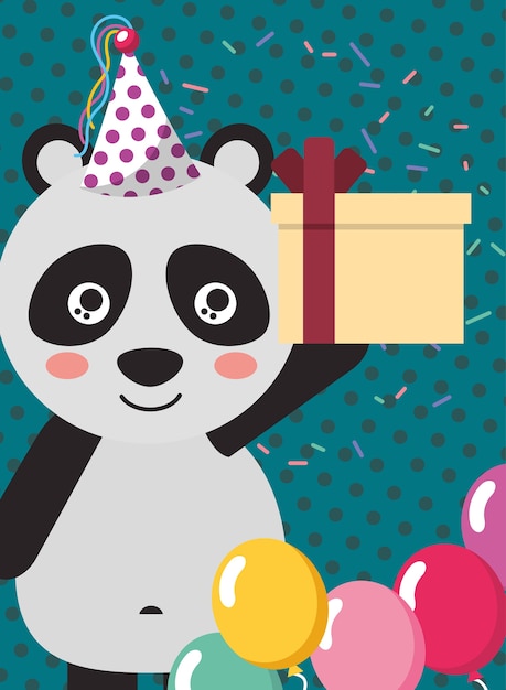 Cartão de feliz aniversário e fofinho panda e presente