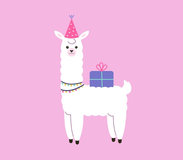 Cartão de feliz aniversário Engraçado alpaca branca em um chapéu de festa com um presente