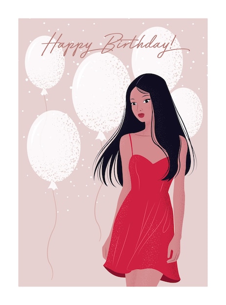 Vetor cartão de feliz aniversário vector ilustração fofa de mulher asiática em vestido de cocktail vermelho
