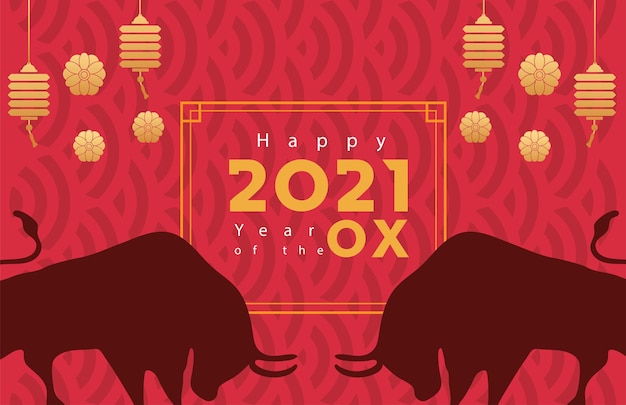 Cartão de feliz ano novo chinês com bois e lâmpadas penduradas