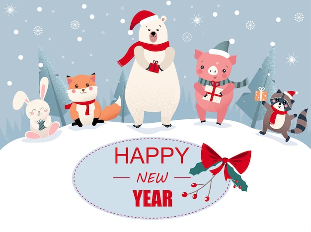Vetor cartão de feliz ano novo com animais bonitos dos desenhos animados e porco símbolo do ano com presentes