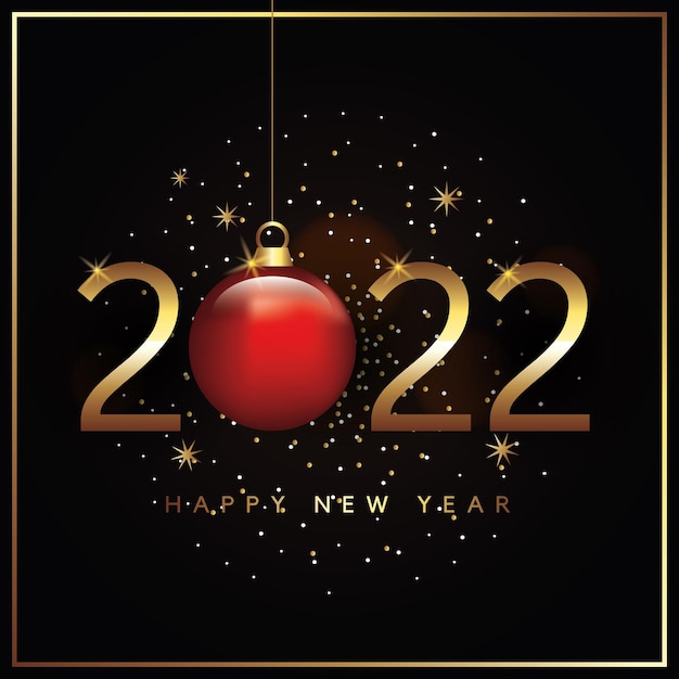 Cartão de feliz ano novo com bola vermelha de natal entre confetes. ilustração vetorial