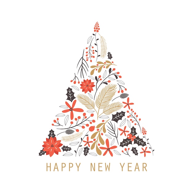 Cartão de feliz ano novo com elementos de desenho de mão.