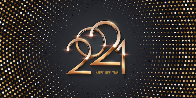 Cartão de feliz ano novo com fundo dourado de meio-tom, números brilhantes e padrão radial de pontos.