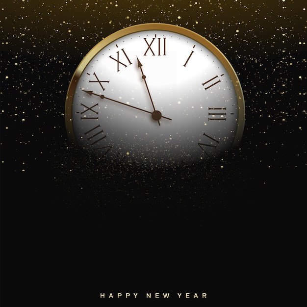 Vetor cartão de feliz ano novo com relógio de ouro brilhante preto. vetor.