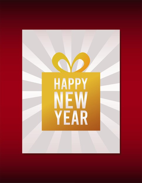 Cartão de feliz ano novo letras com presente dourado em ilustração de fundo vermelho