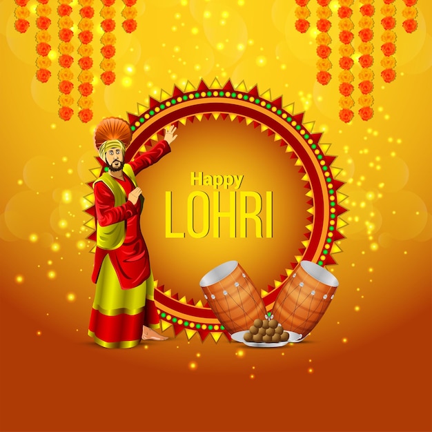 Cartão de feliz celebração lohri com ilustração vetorial