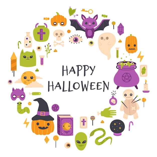 Cartão de feliz dia das bruxas. ilustração em vetor convite festa caldeirão de abóbora, morcego e bruxa de halloween outono. cartaz de símbolos de halloween fofo. halloween, abóbora de outono, bruxaria e feriado assustador