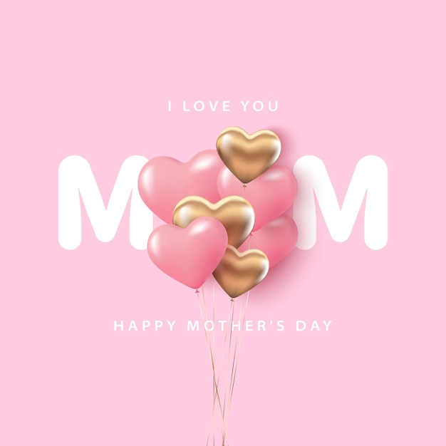 Cartão de Feliz Dia das Mães com balões cor-de-rosa e dourados
