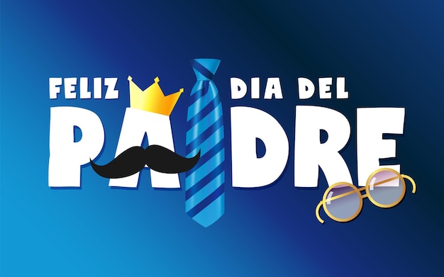 Cartão de feliz dia dos pais em espanhol com coroa de gravata 3D e óculos retrô realistas